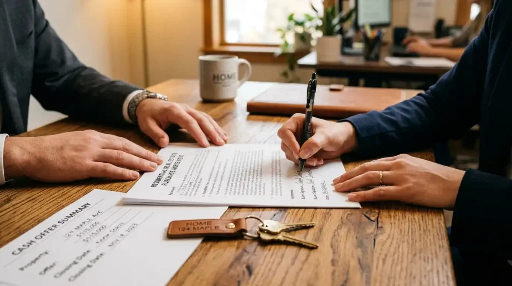 Person signing cash home sale contract with house keys on wooden desk