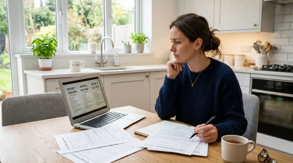 Homeowner comparing multiple cash offers on laptop at kitchen table before selling house