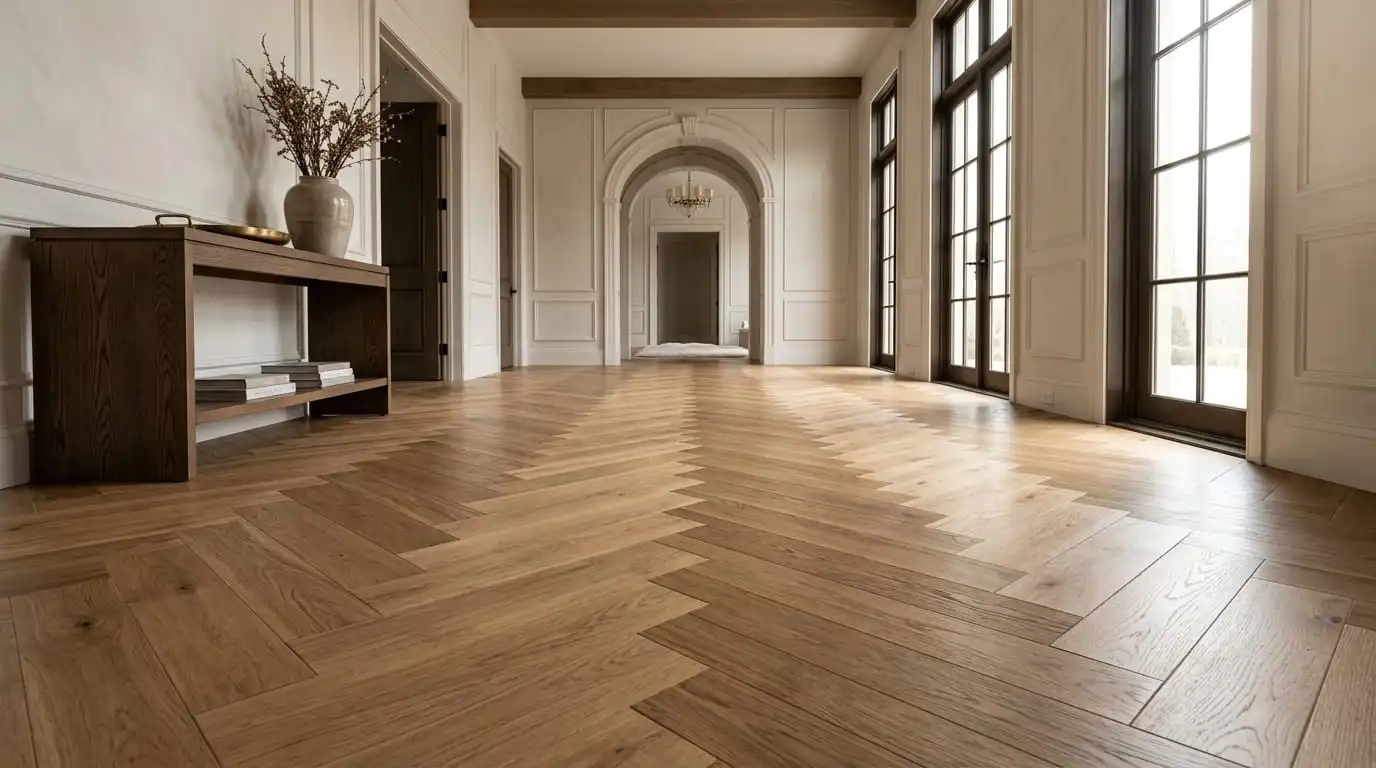 herringbone pattern oak wood floor in a luxury home entryway