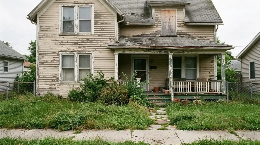 Distressed as-is residential property with visible wear and overgrown yard ready for cash sale