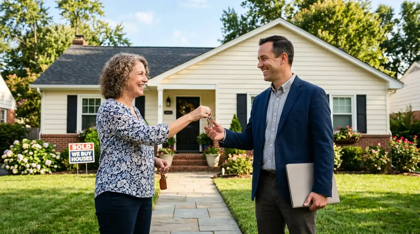 Homeowner handing house keys to cash home buyer in front of residential property