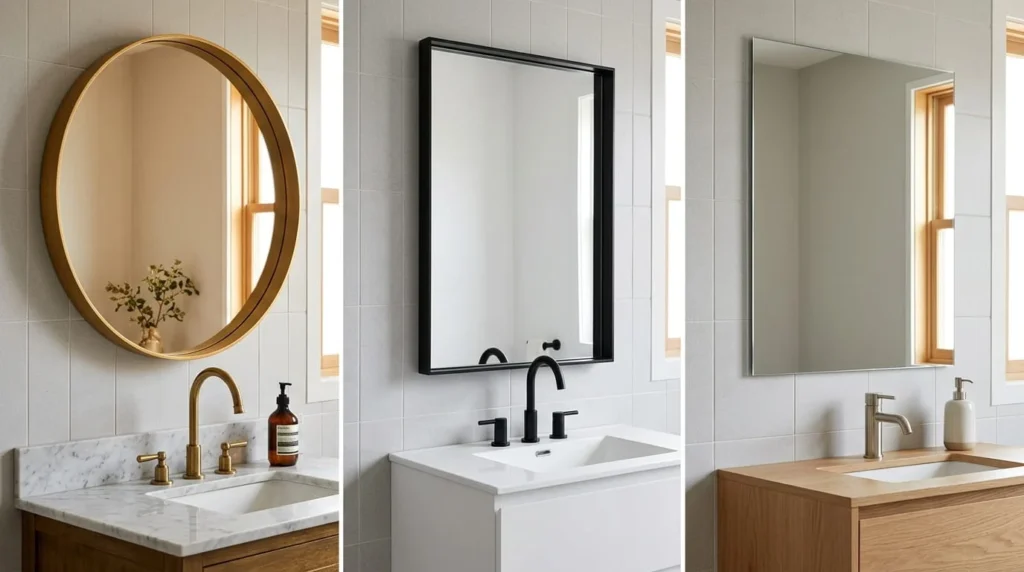  Triptych comparison of three bathroom mirror finishes showing gold round mirror with brass faucet black framed rectangular mirror with matte hardware and frameless mirror with oak vanity on grey tiled wall