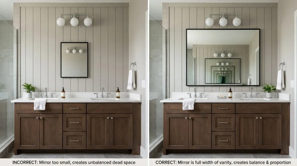 Side by side bathroom vanity comparison showing undersized mirror with dead wall space on left versus correctly proportioned mirror spanning full vanity width with balanced height on right