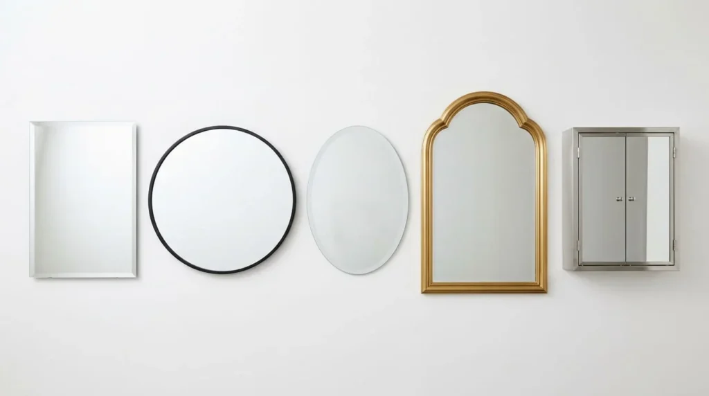 Flat lay comparison of five bathroom mirror types showing rectangular frameless round black framed oval gold arched and medicine cabinet mirror on white surface