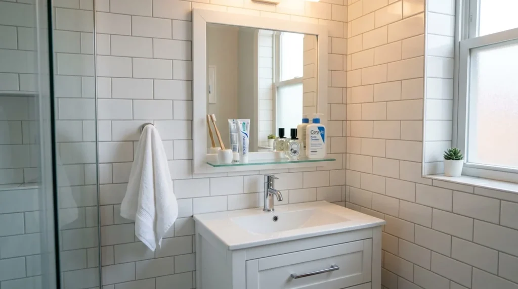 Small bathroom with white rectangular mirror integrated glass shelf holding toothbrush toothpaste perfume and cleanser above clear clutter free single sink vanity with chrome faucet and white subway tile