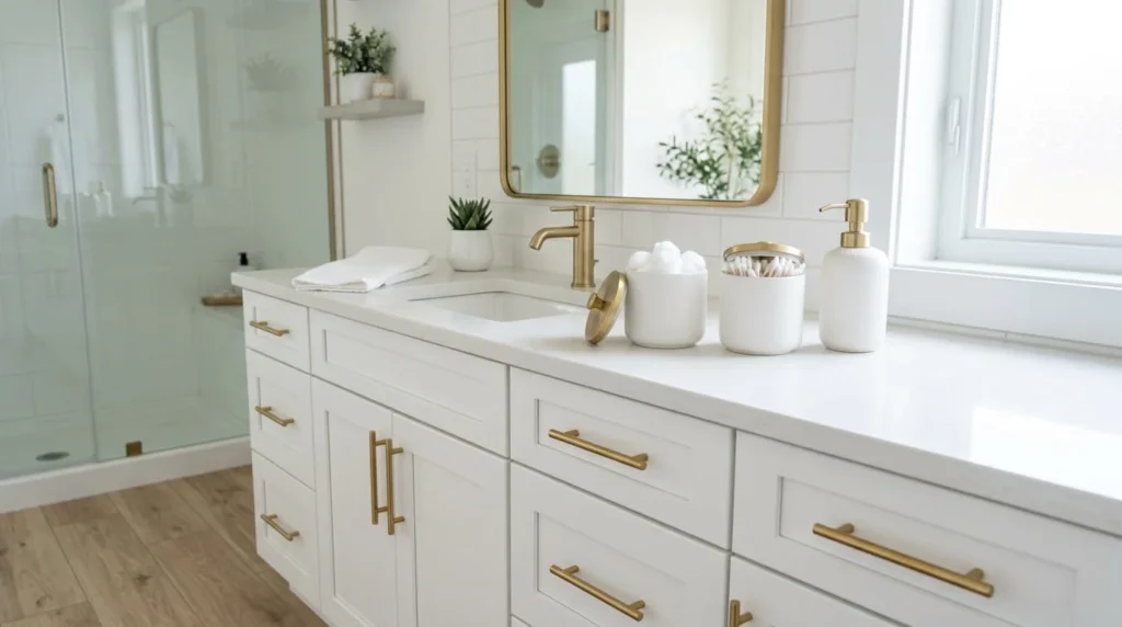 Modern bathroom vanity with matching ceramic canisters cotton balls soap dispenser and brushed gold drawer pulls