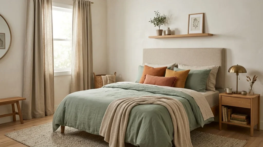 Styled bedroom with upholstered floating headboard linen duvet cover pillow shams and linen accent pillows