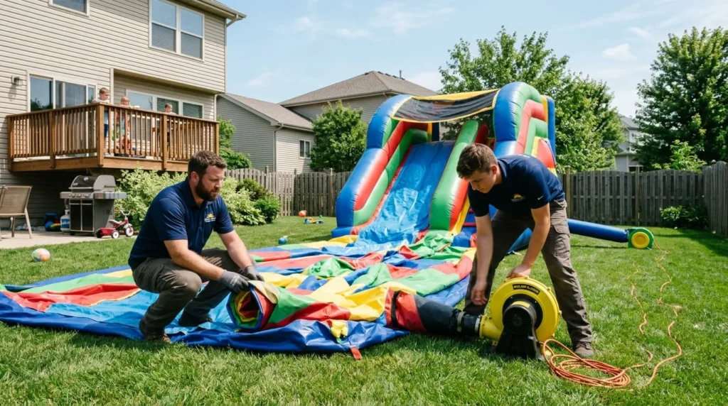 Professional party rental crew setting up large bounce house inflatable in sunny residential backyard