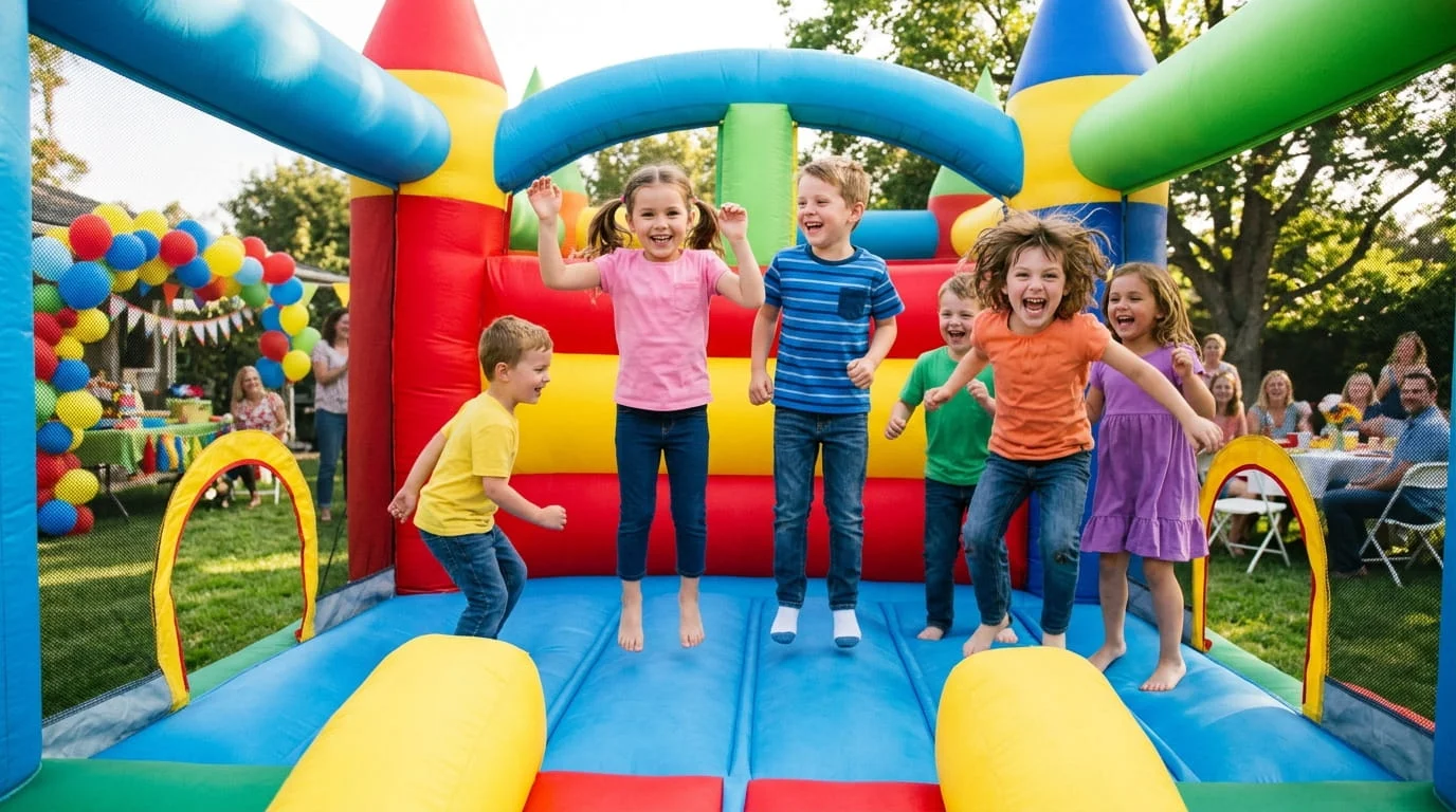 Happy children jumping and laughing inside colorful bounce house at sunny backyard birthday party