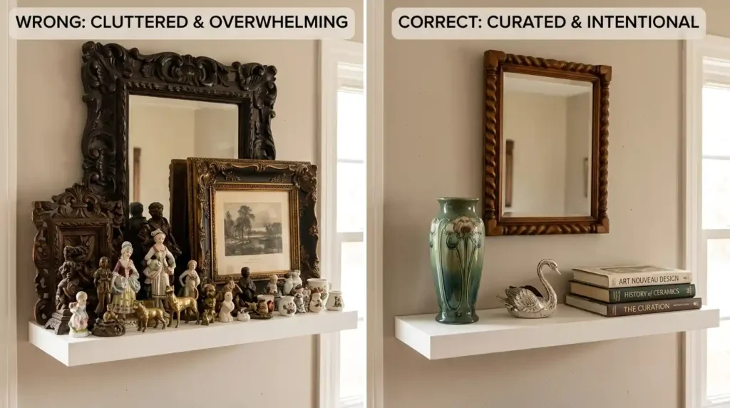 Side by side shelf styling comparison showing left shelf with overwhelming collection of heavily carved ornate wooden objects novelty antique figurines ornately carved picture frame multiple small ceramic collectibles crowding every surface and heavily carved mirror frame creating stuffy dated exhausting arrangement versus right shelf with single Art Nouveau ceramic vase generous breathing room antique silver swan figurine as catch-all three stacked books and simple barley twist wall mirror above in warm ambient light