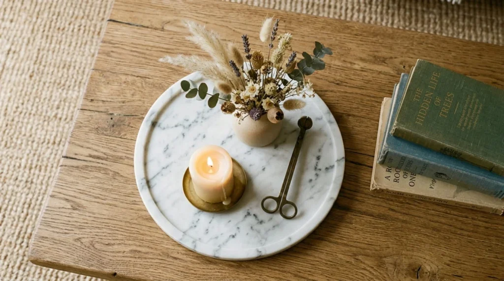Styled coffee table with marble tray lit candle ceramic vase dried flowers and vintage book stack