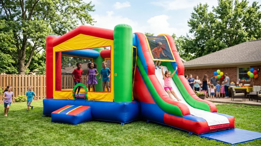 Large colorful combo bounce house with slide set up in sunny backyard with kids playing