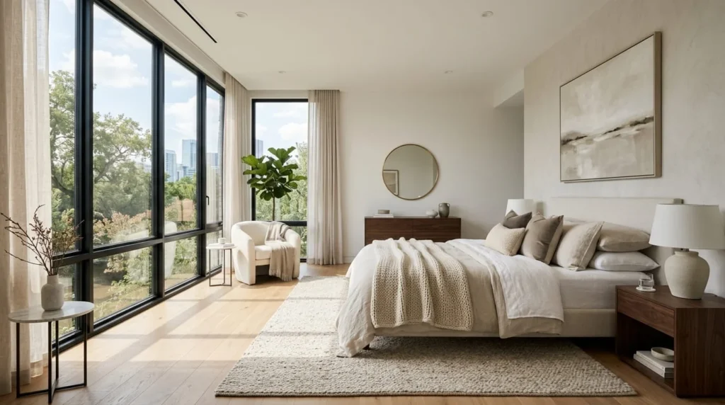Contemporary bedroom with large windows and elegant interior design
