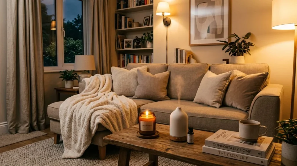 Soft plush throw blanket draped over sofa with throw pillows lit scented candle and diffuser in cozy living room