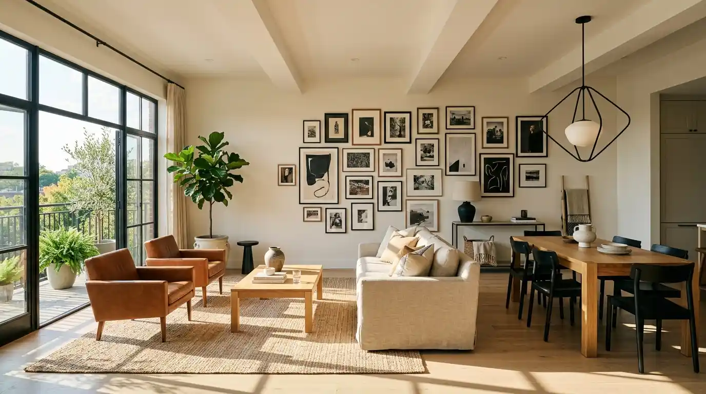 Wide angle open plan living room and dining space with linen sofa leather armchairs cocktail table woven rug gallery wall focal point large floor to ceiling windows warm afternoon natural light pale hardwood floors matte black lamp and window frame indoor plants and pendant light above dining table showing cohesive intentional interior design
