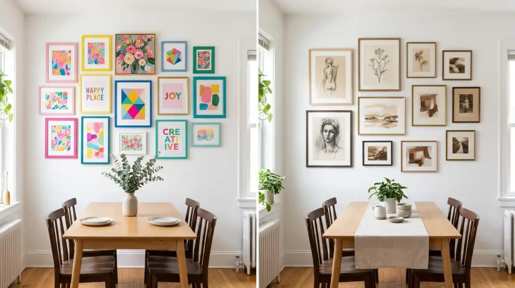Split frame comparison of two dining room gallery wall approaches showing left side playful candy-colored gallery with vibrant pink yellow blue green framed art in cohesive themed composition above dining table and right side sophisticated neutral gallery of sketches watercolors and paintings in brown cream sienna tones arranged asymmetrically above same style dining table both illuminated by warm natural light