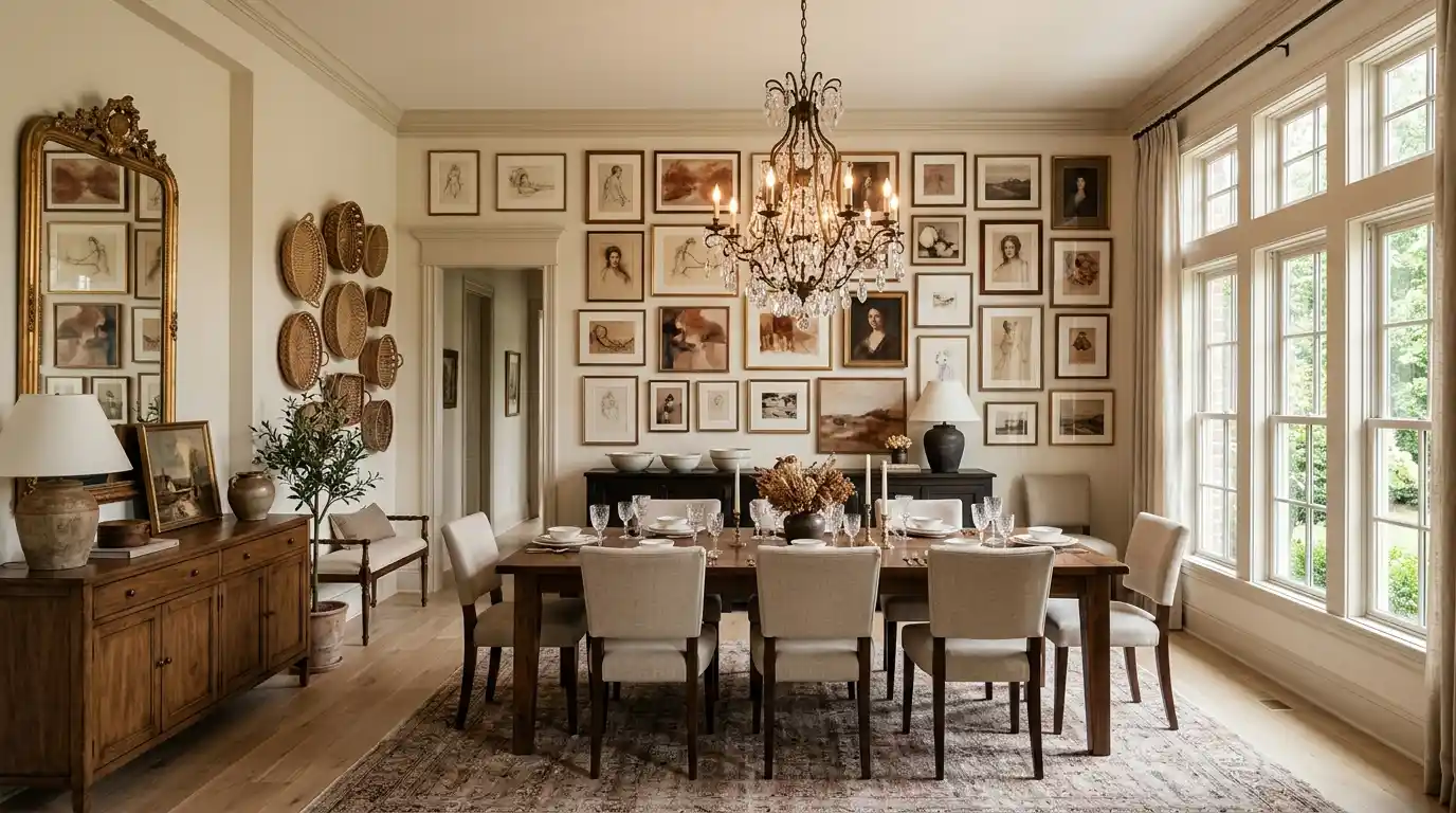 Wide angle formal dining room with large asymmetrical gallery wall of framed sketches watercolors and portraits in brown cream and sienna tones above long wooden dining table statement chandelier casting warm golden light gold framed mirror above long buffet woven baskets on adjacent wall pale hardwood floors warm neutral walls and natural light through large windows showing professionally styled dining room wall decor