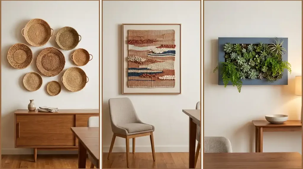 Warm editorial triptych showing three texture-based dining room wall decor options including cluster of six handwoven baskets in varying sizes mounted above dining sideboard on left textile stretched over canvas frame mounted like painting above dining chair in center and slate blue landscape growframe housing succulents and trailing ferns on right under soft warm interior lighting