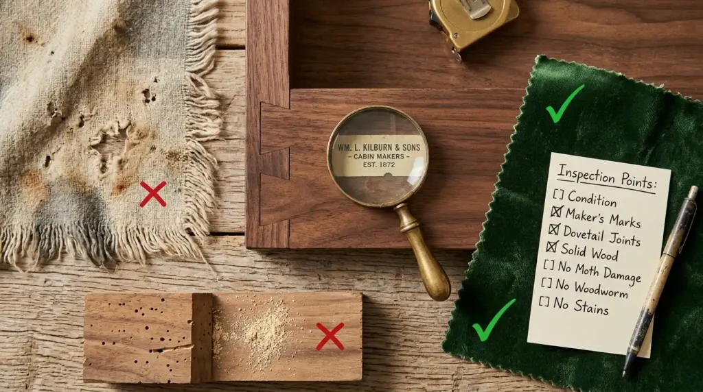 Estate sale antique quality assessment flat lay on natural wood showing solid walnut furniture with clean dovetail joint and maker's mark label beside magnifying glass heavily worn vintage textile with staining fraying and moth damage holes marked with red X wooden surface with woodworm holes and powdery residue beside red X high quality vintage upholstery with green checkmark and handwritten quality checklist card showing condition maker's marks dovetail joints solid wood no moth damage no woodworm in natural daylight