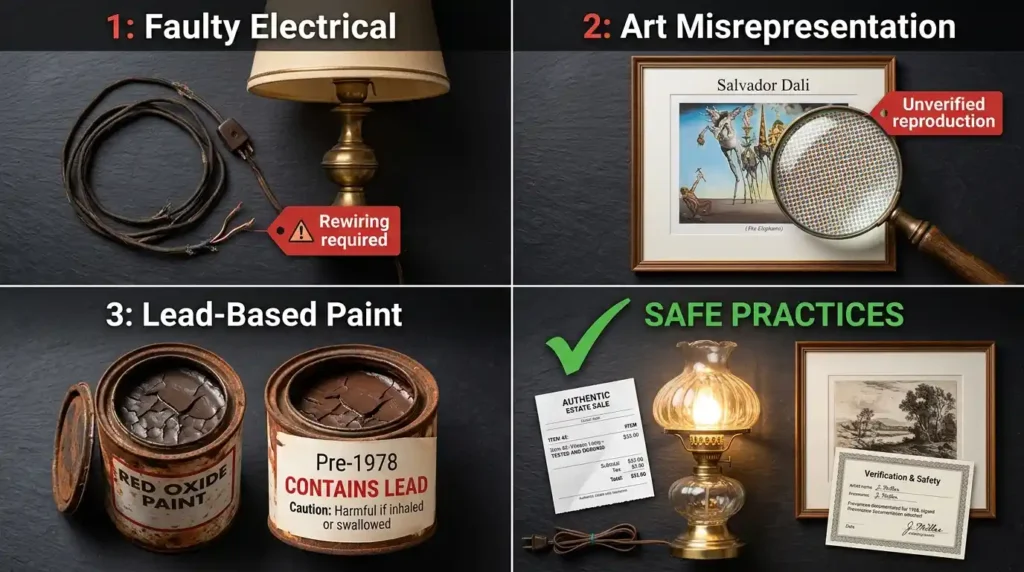 Cautionary estate sale danger zones flat lay on dark slate showing vintage lamp with frayed outdated wiring labeled rewiring required framed reproduction print claiming Salvador Dali lithograph with magnifying glass revealing printed dots and unverified tag partially open paint can with dried separated surface and Pre-1978 Contains Lead warning label and green checkmark area showing clear lamp plugged in with tested and working receipt and verified artwork with provenance documentation in warm studio lighting