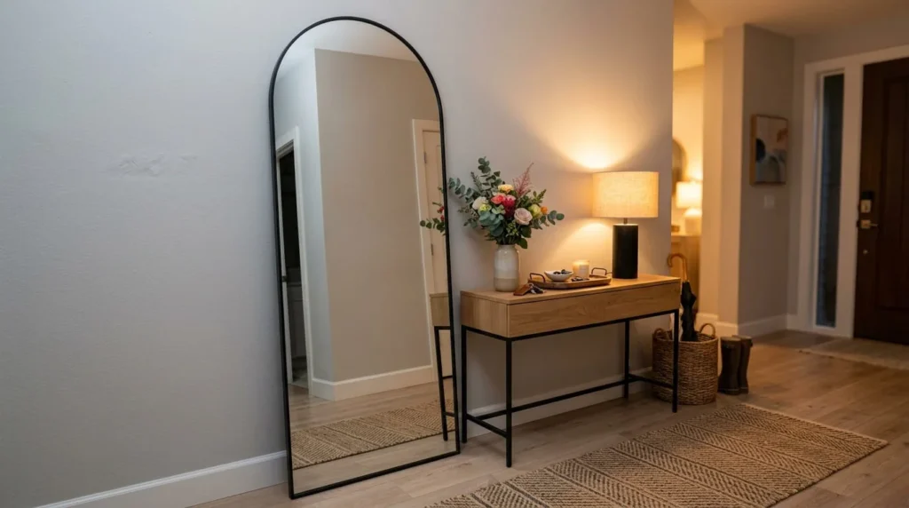 Modern entryway with arched floor mirror console table lamp warm lighting fresh flowers and decorative tray