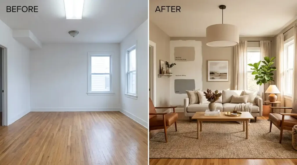 Before and after split frame living room showing bare white unfurnished room with flat overhead lighting and no scale on left versus fully transformed space with streamlined neutral linen sofa leather armchairs woven rug warm toned wall paint samples beside white primer border cocktail table accessories pendant light and indoor plants in warm afternoon natural light on right