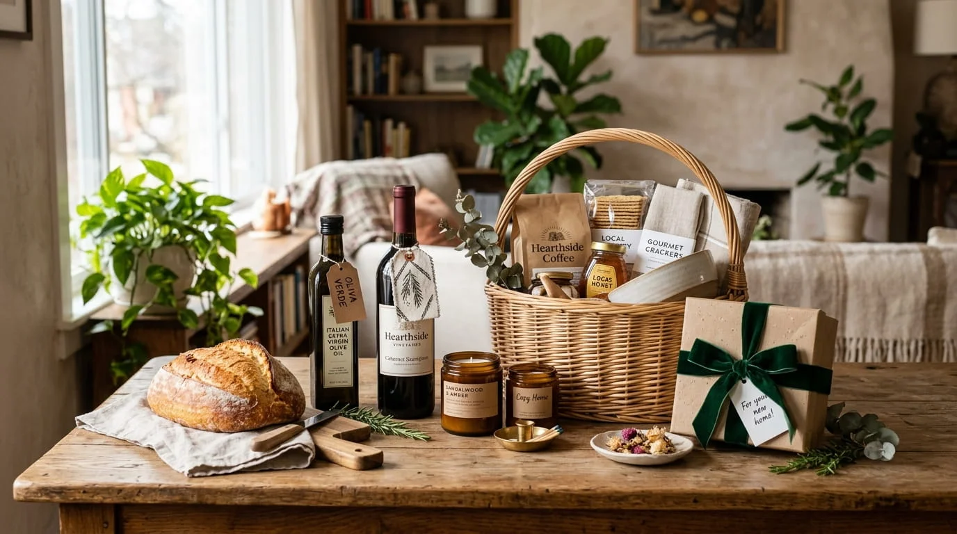 Beautifully arranged housewarming gift collection including gift basket wine olive oil candles and bread on wooden table