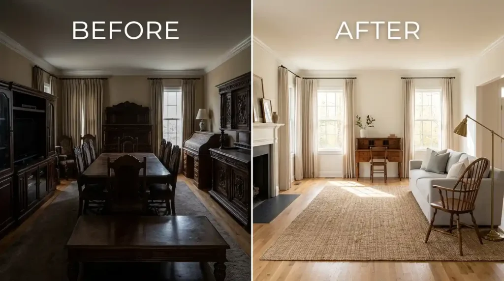 Before and after split frame room comparison showing left side overwhelmed with complete matching set of heavy dark antique wooden furniture including media console dining table coffee table writing desk and sideboard in same dark finish creating dated contrived atmosphere versus right side transformed with single antique Victorian spindleback chair beside modern sofa one antique writing desk with breathing room around every piece in warm natural light