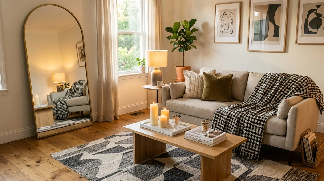 Modern living room with houndstooth throw blanket geometric rug marble tray candles and arched floor mirror