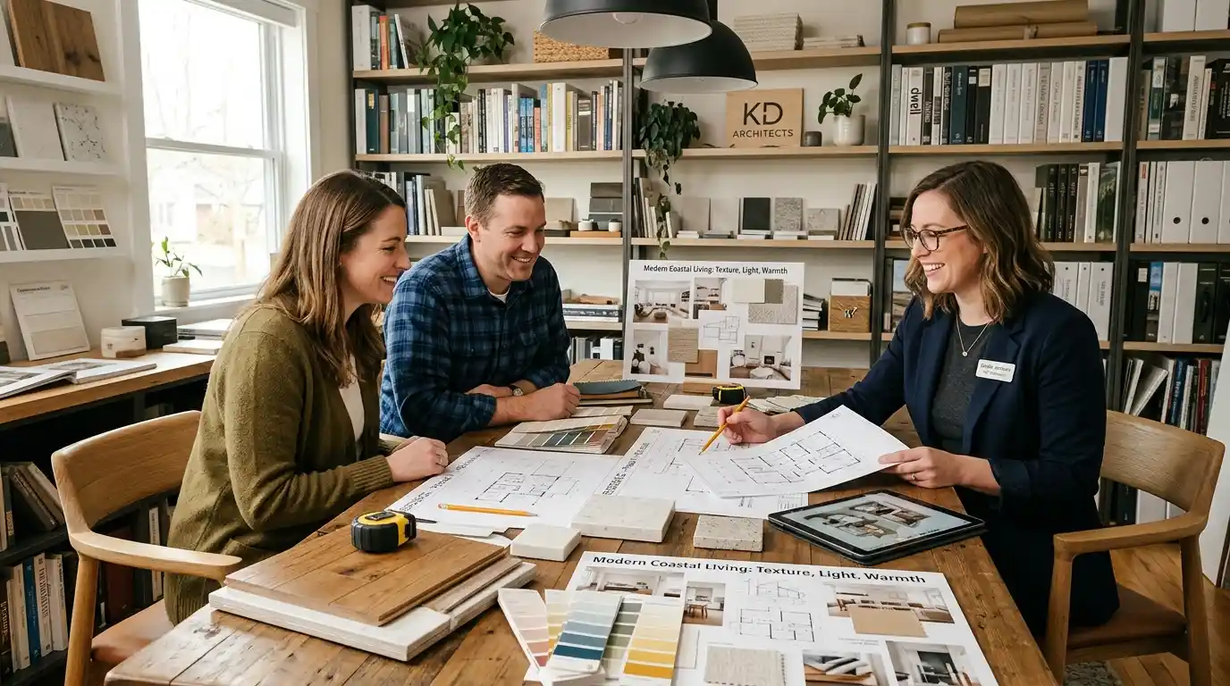 House designers near me by KD Architects showing professional design consultation with homeowners reviewing floor plans and material samples