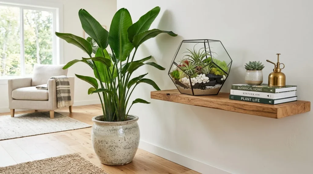 Large bird of paradise houseplant in ceramic pot beside terrarium kit with air plants on wooden shelf in bright living room