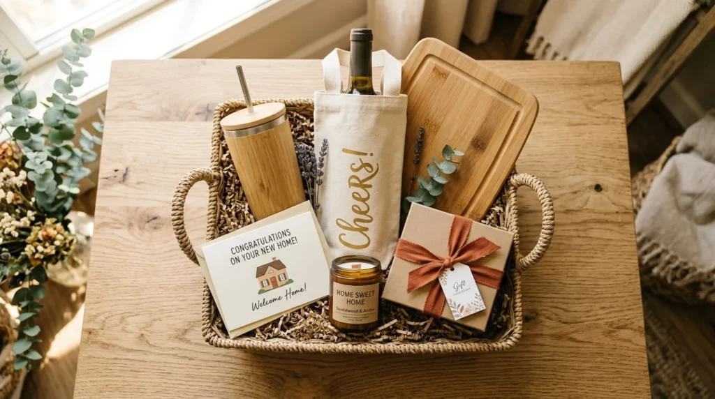 Beautifully styled housewarming gift basket with bamboo tumbler wine bag cutting board candle greeting card and ribbon