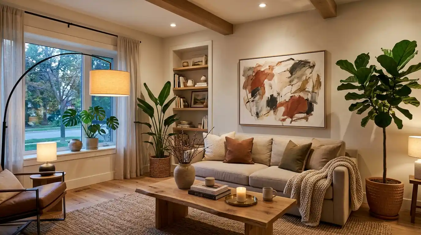 Ideas for designing a living room with neutral tones, layered lighting and natural wood accents by KD Architects