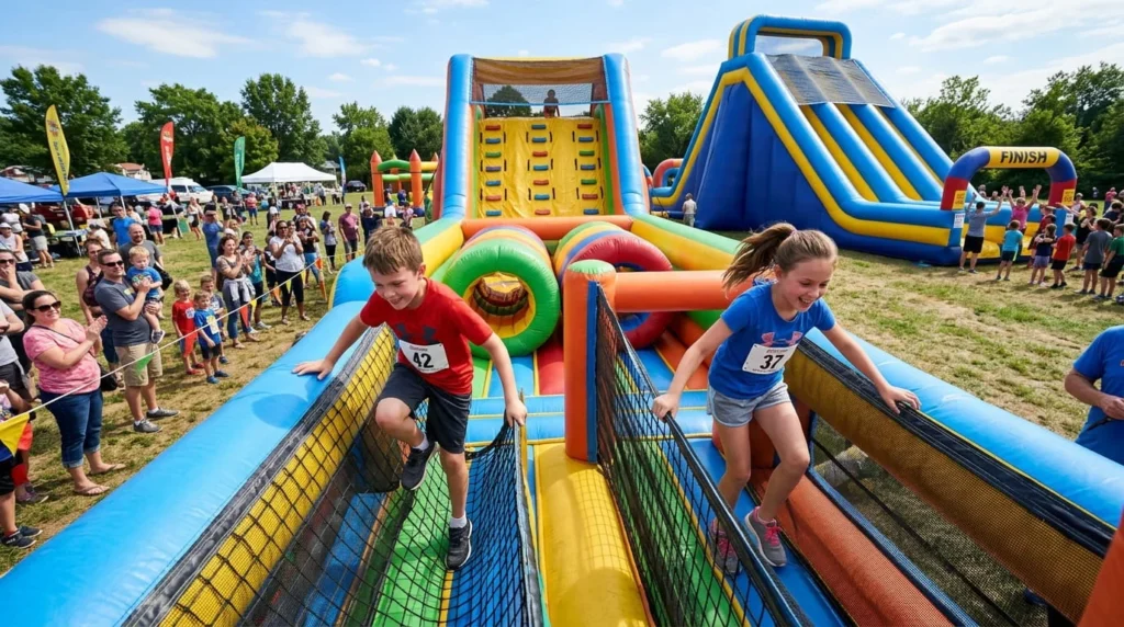 Two children racing through colorful inflatable obstacle course rental at outdoor school community event