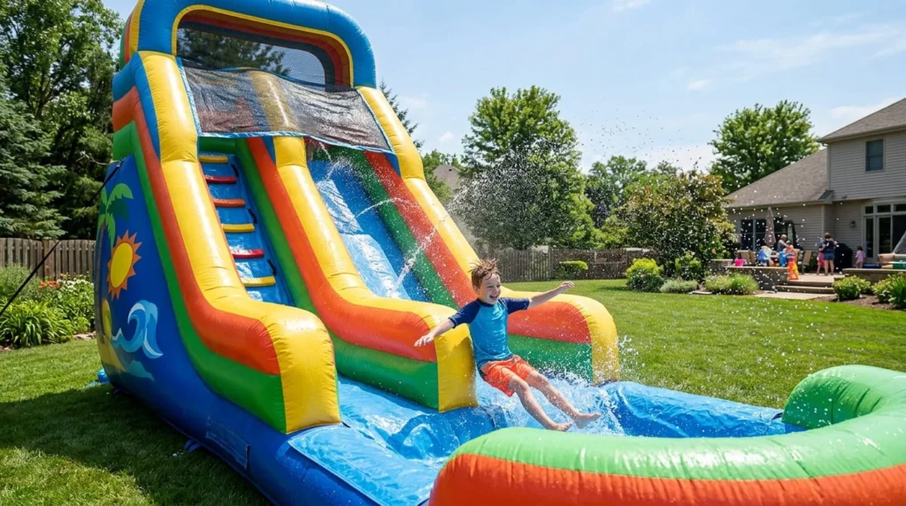 Child sliding down tall inflatable water slide rental in sunny backyard during summer party