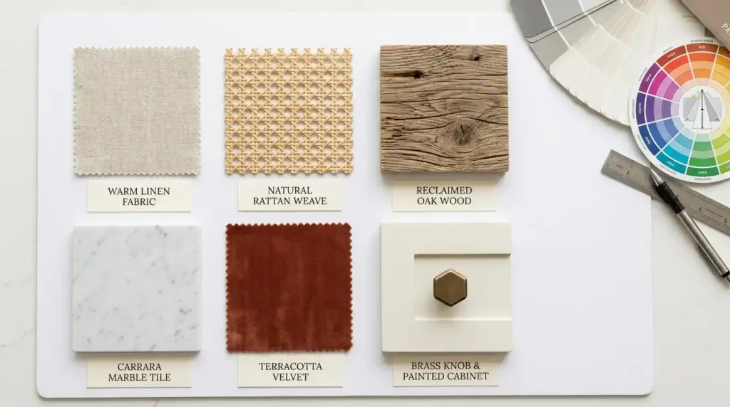  Interior design material and texture flat lay showing six samples in two rows including warm linen swatch natural rattan weave reclaimed wood with grain deep terracotta velvet cool marble tile with veining and brass hardware knob on painted cabinet each labeled with cream name card with neutral paint chip fan and small color wheel in corner on white surface