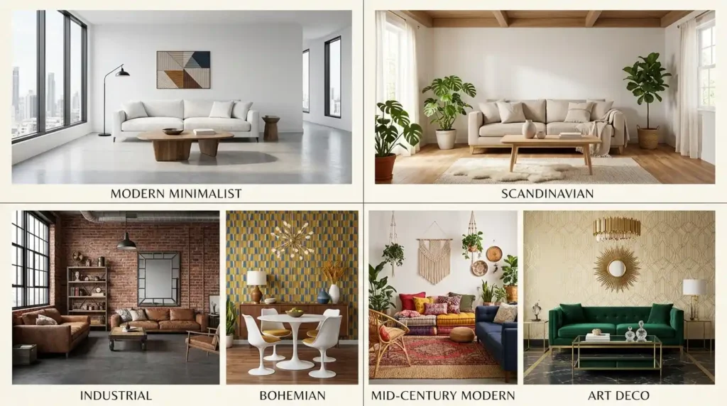 Six interior design styles grid showing modern minimalist with clean lines and large windows Scandinavian with warm wood white walls linen and plants industrial with exposed brick concrete and metal bohemian with layered textiles rattan bold patterns and vintage objects mid-century modern with Tulip table organic forms warm wood and geometric shapes and Art Deco with marble surfaces brass hardware velvet and geometric wallpaper each labeled with style name in elegant typography