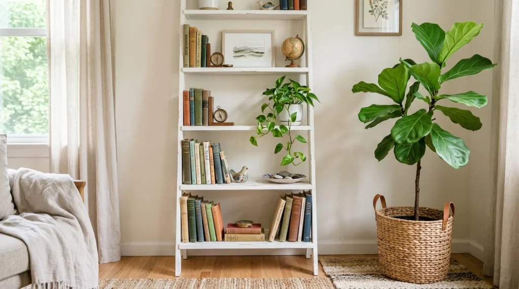 White ladder bookcase with vintage books ceramic vase artifacts and trailing plant beside large fiddle leaf fig