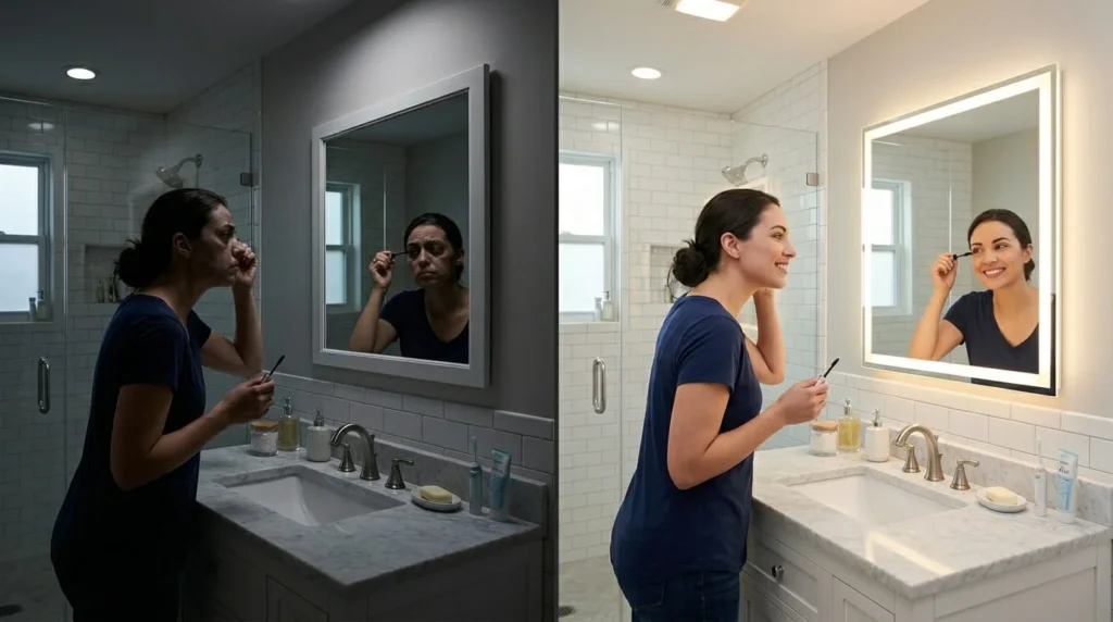 Before and after split bathroom lighting comparison showing harsh overhead shadow with plain mirror on left versus integrated LED backlit mirror with even shadow free warm light on right