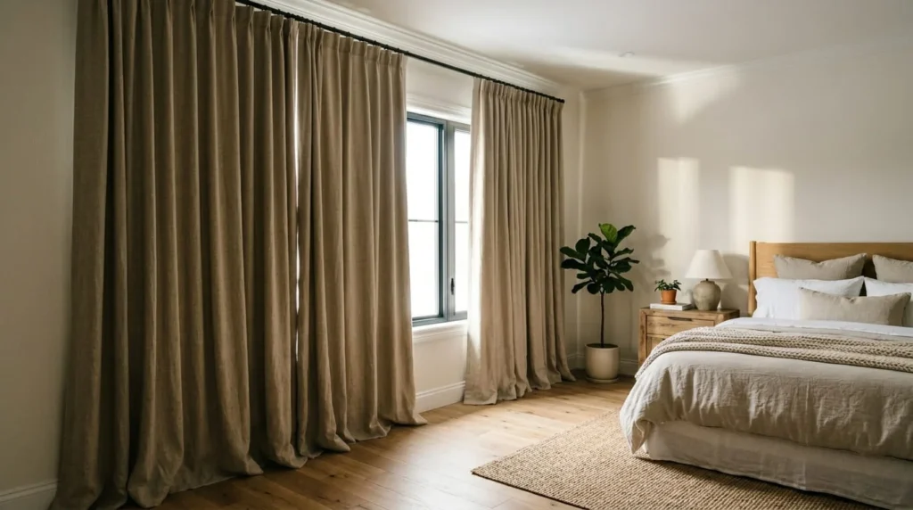 Floor to ceiling Belgian flax linen blackout curtains in warm natural tone hung above bedroom window