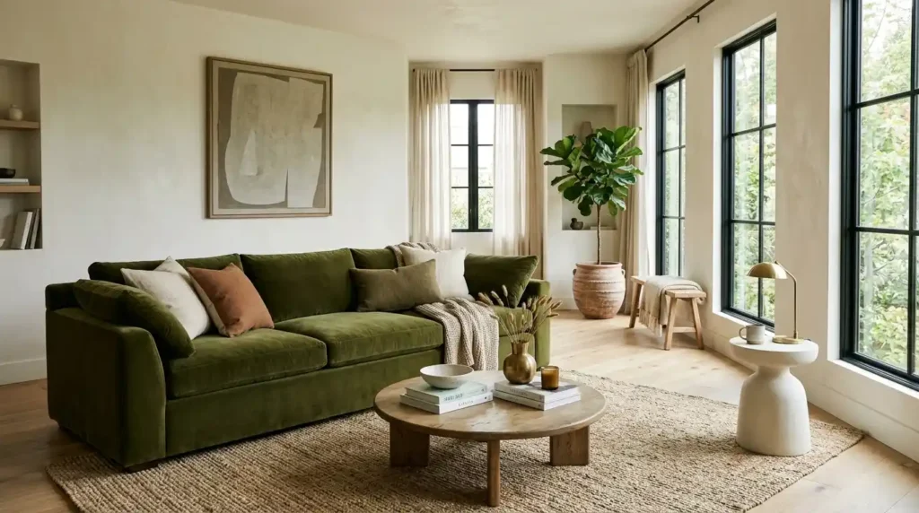 Olive green anchor sofa in a well-proportioned living room with natural textures and minimal decor