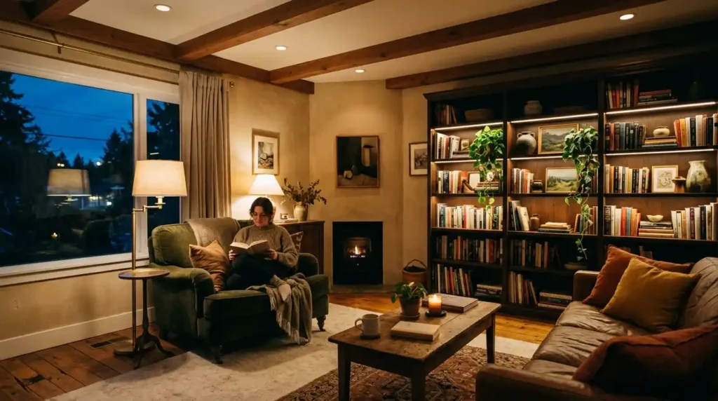 Three-layer lighting setup in a modern living room showing ambient task and accent lighting design