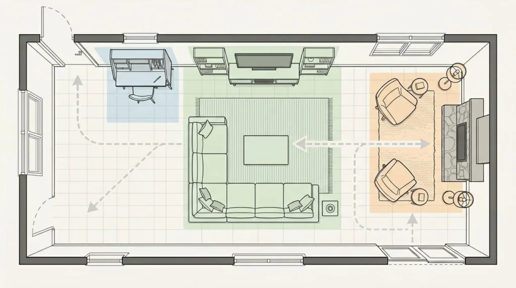 Overhead floor plan blueprint of long narrow living room showing three distinct furniture zones with traffic flow paths