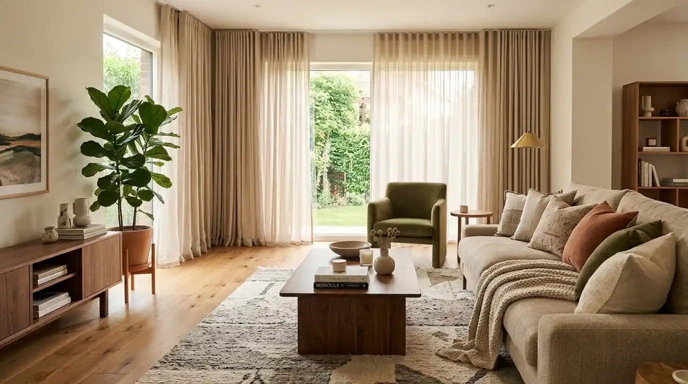 Beautifully styled living room with floor-to-ceiling lounge curtain ideas by KD Architects in soft neutral linen fabric with warm natural light