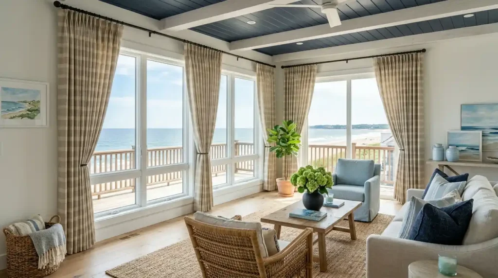 Coastal living room lounge curtain ideas with sandy shadow stripe tailored pleat drapery and black wrought iron hardware on white walls