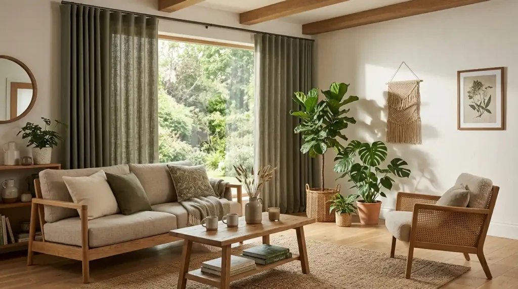 Earthy olive-grey Ripple Fold lounge curtain ideas in nature-inspired living room with wood furniture woven decor and indoor plants