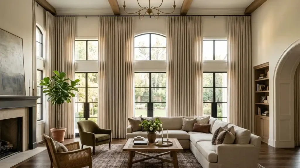 Floor-to-ceiling pinch pleat lounge curtain ideas installed wall to wall in a dramatic spacious living room with tall windows