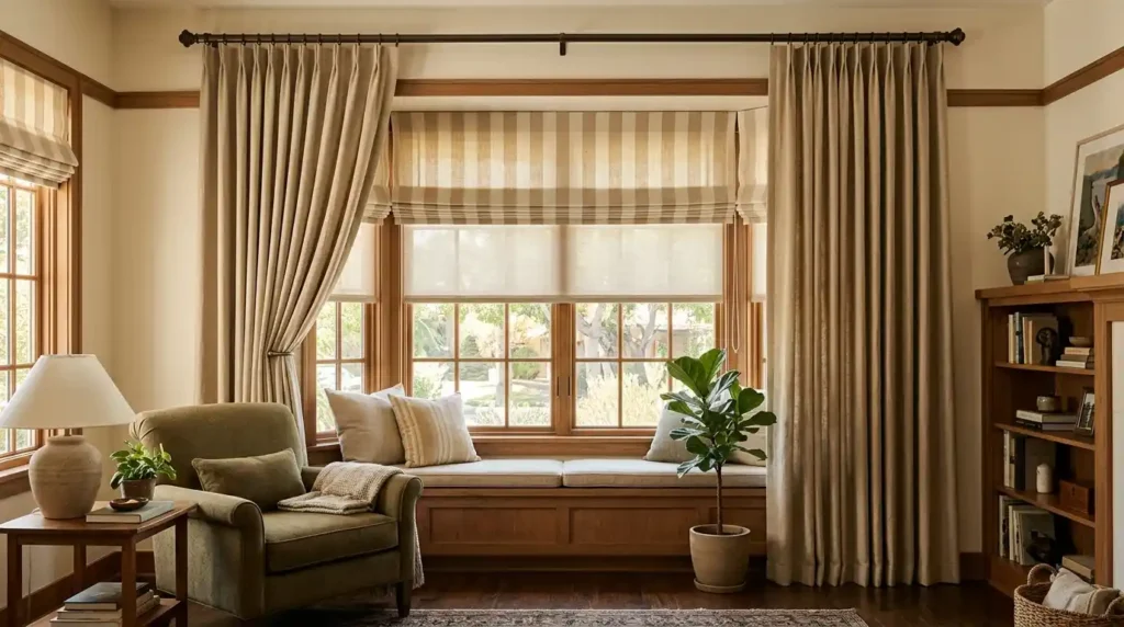 Layered lounge curtain ideas showing Ripple Fold Drapery with Roman Shade and Solar Shade in warm wood-toned living room interior
