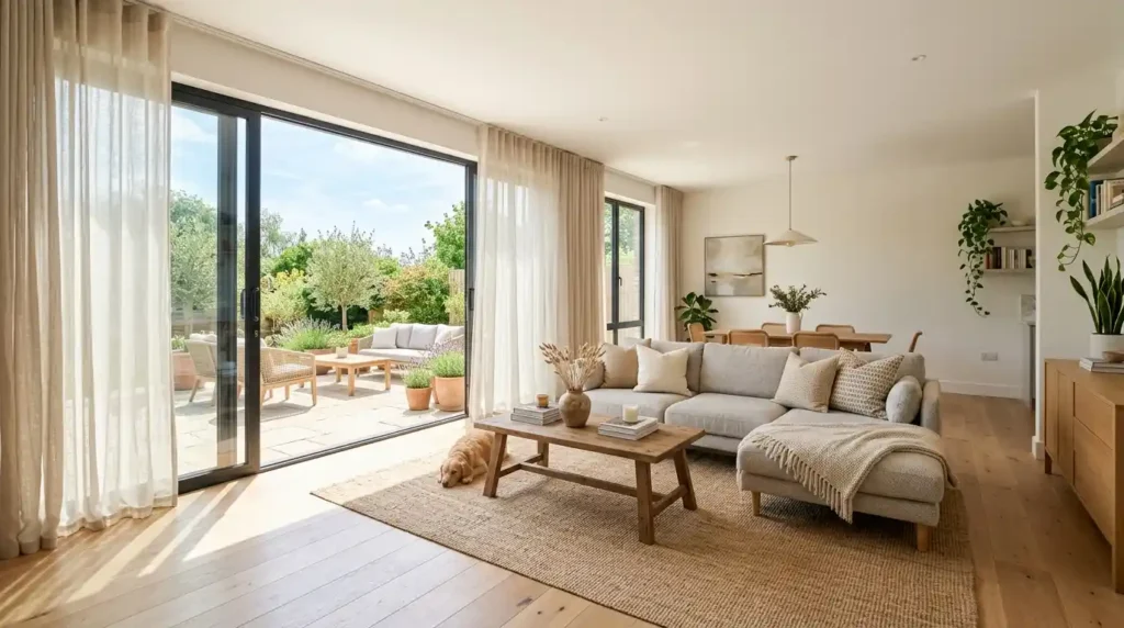 Light-filtering sheer linen lounge curtain ideas for open-air living room with glass doors opening onto sunny patio