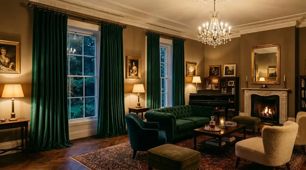 Floor-length emerald green velvet lounge curtain ideas with pinch pleats on heavy-duty rod in a formal luxurious living room